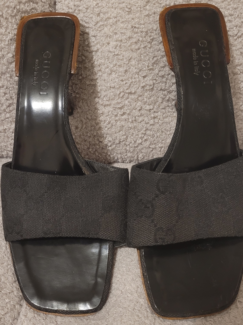 Gucci Black Fabric Slide Mules with Brown Trim